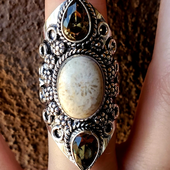 New Fossil Coral & Smoky Topaz 925 Silver Ring. - Picture 4 of 16